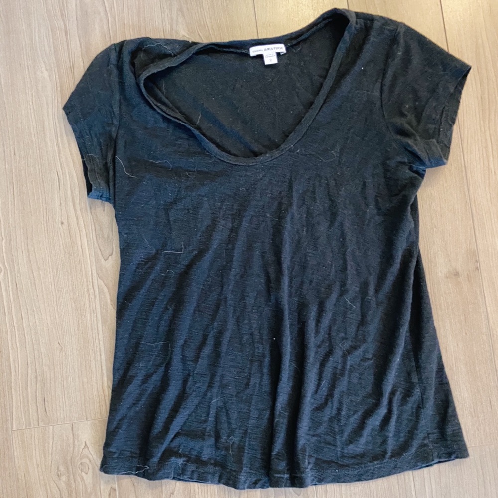 James Perse Black Sheer Slub Short Sleeve Scoop